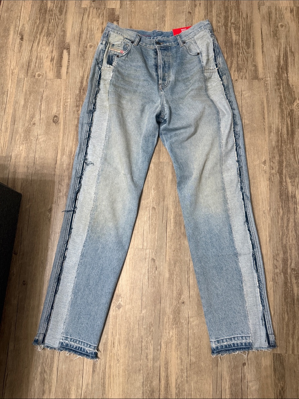 Diesel Two-Tone Light Blue Slim Straight Jeans with Raw Side Panels